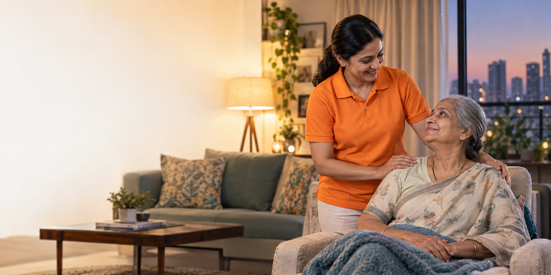 Caregiver providing compassionate support to an elderly woman at home
